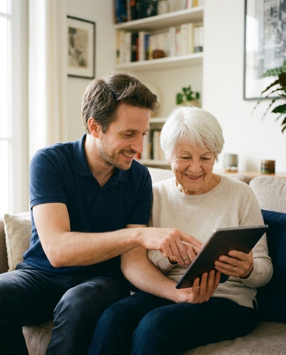 Un technicien DigiAssist montre patiemment à une cliente senior comment utiliser sa tablette, chez elle