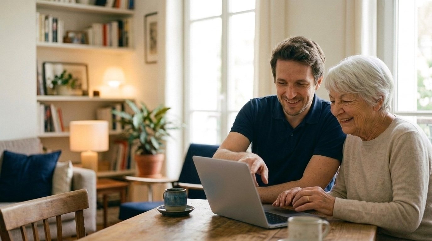 Un technicien DigiAssist montre quelque chose sur un ordinateur portable à une cliente senior souriante, dans son salon